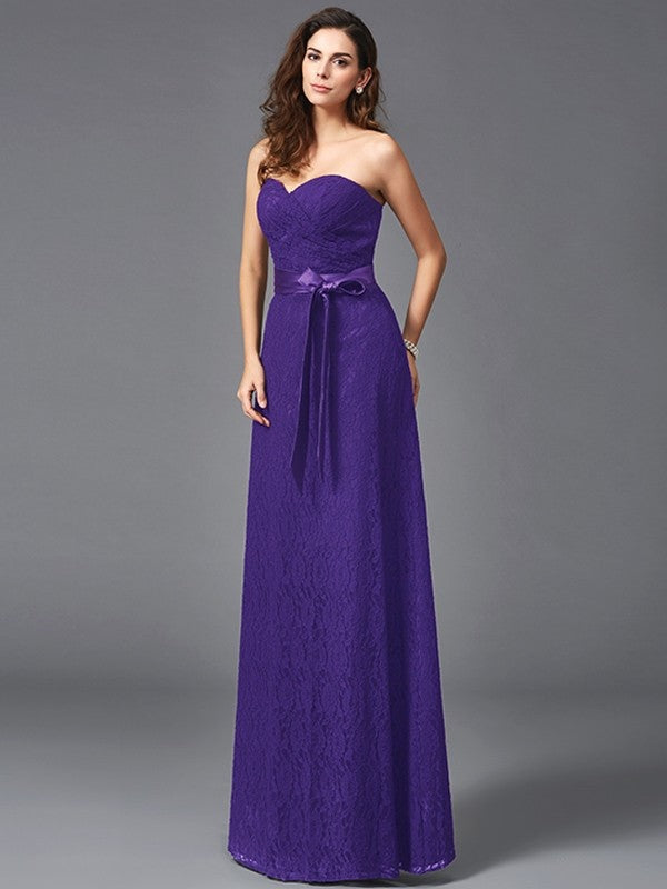 A-Line Charming Sweetheart Sash/Ribbon/Belt Sleeveless Long Lace Bridesmaid dresses