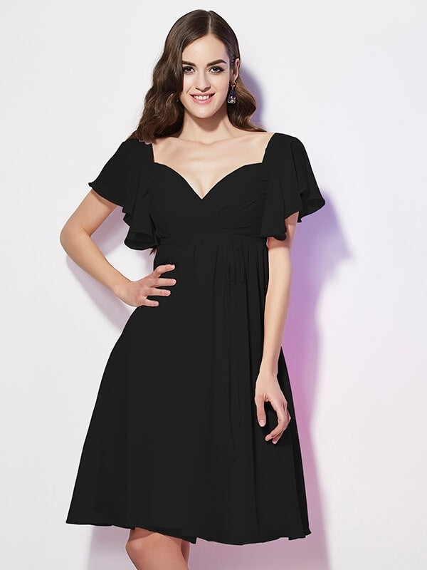 Charming Sweetheart Short Sleeves Ruffles Short Chiffon Bridesmaid Dresses