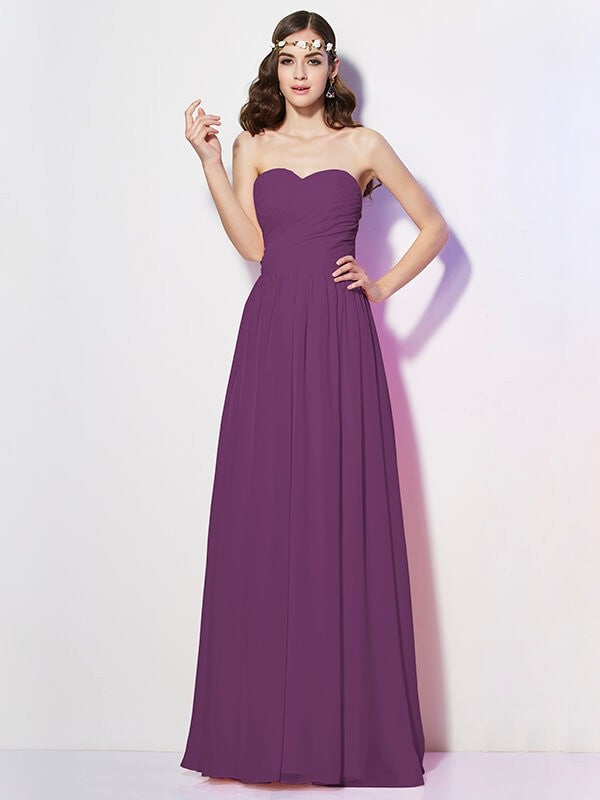 A-Line Charming Sweetheart Sleeveless Long Pleats Chiffon Bridesmaid Dresses