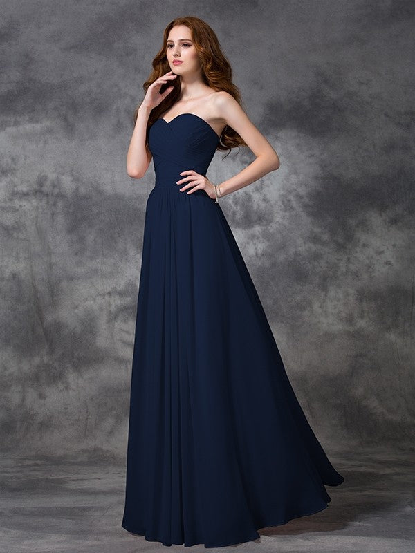 A-Line Charming Sweetheart Sleeveless Ruched Long Chiffon Bridesmaid Dresses