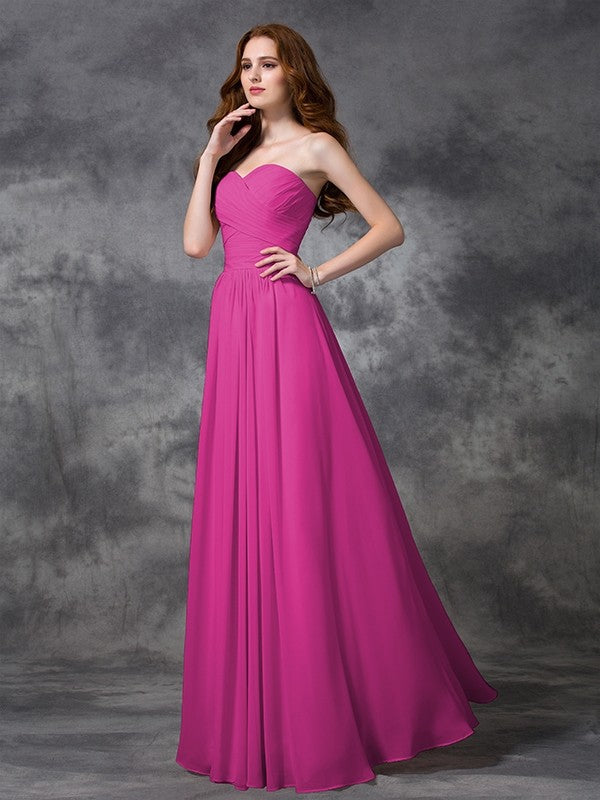 A-Line Charming Sweetheart Sleeveless Ruched Long Chiffon Bridesmaid Dresses