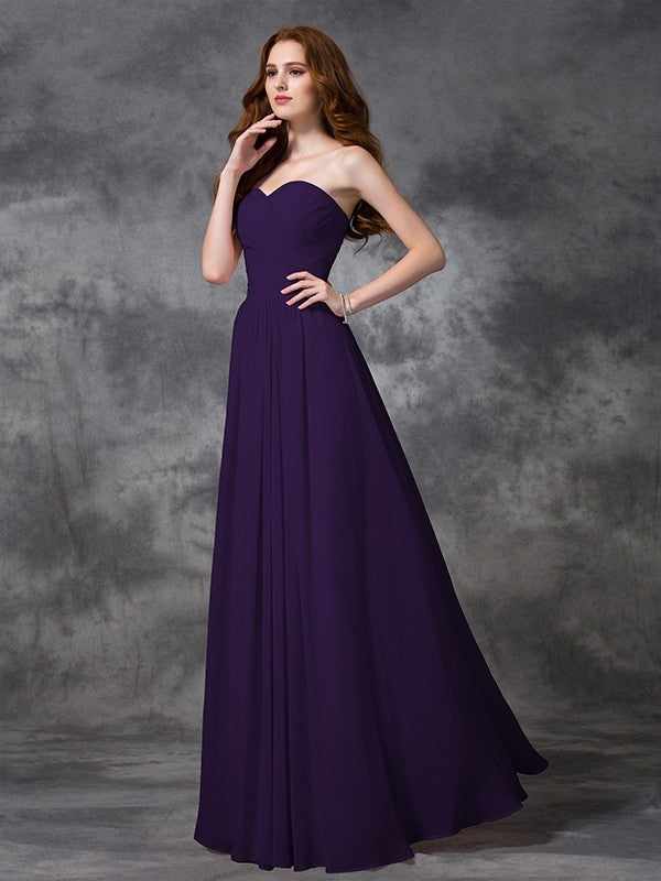 A-Line Charming Sweetheart Sleeveless Ruched Long Chiffon Bridesmaid Dresses