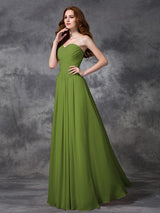 A-Line Charming Sweetheart Sleeveless Ruched Long Chiffon Bridesmaid Dresses