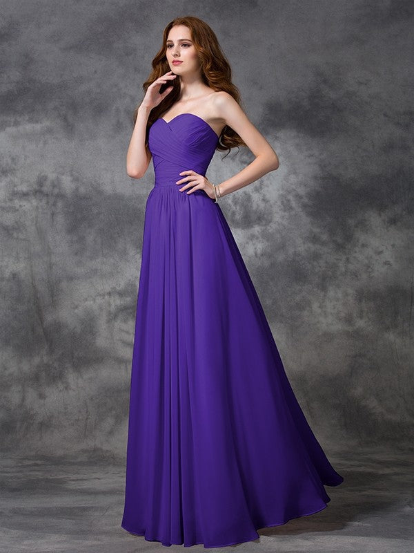 A-Line Charming Sweetheart Sleeveless Ruched Long Chiffon Bridesmaid Dresses