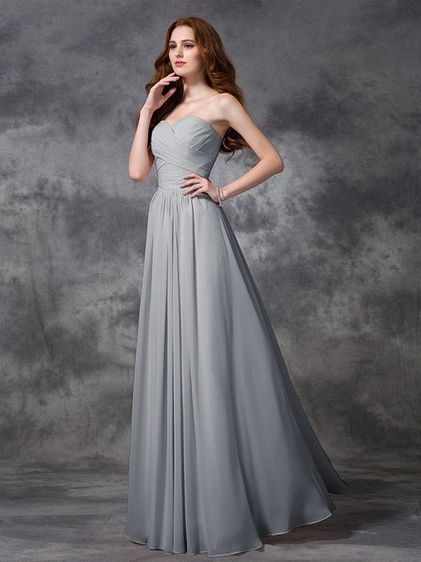 A-Line Charming Sweetheart Sleeveless Ruched Long Chiffon Bridesmaid Dresses