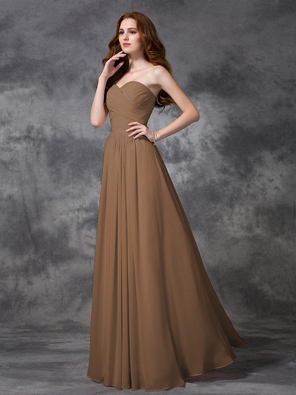 A-Line Charming Sweetheart Sleeveless Ruched Long Chiffon Bridesmaid Dresses