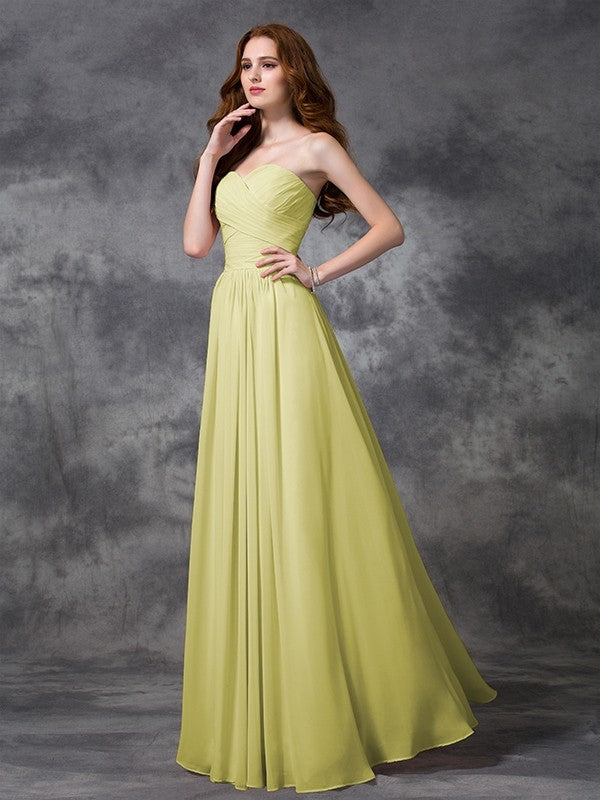 A-Line Charming Sweetheart Sleeveless Ruched Long Chiffon Bridesmaid Dresses