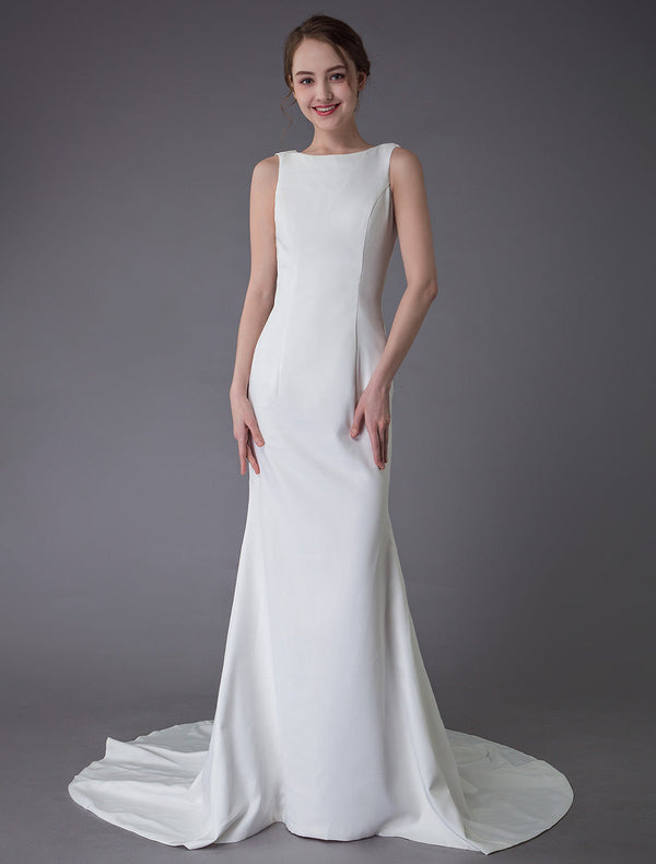 Wedding Dresses Ivory Sheath Simple Bridal Dress Cowl Back Beach Wedding Gowns With Train