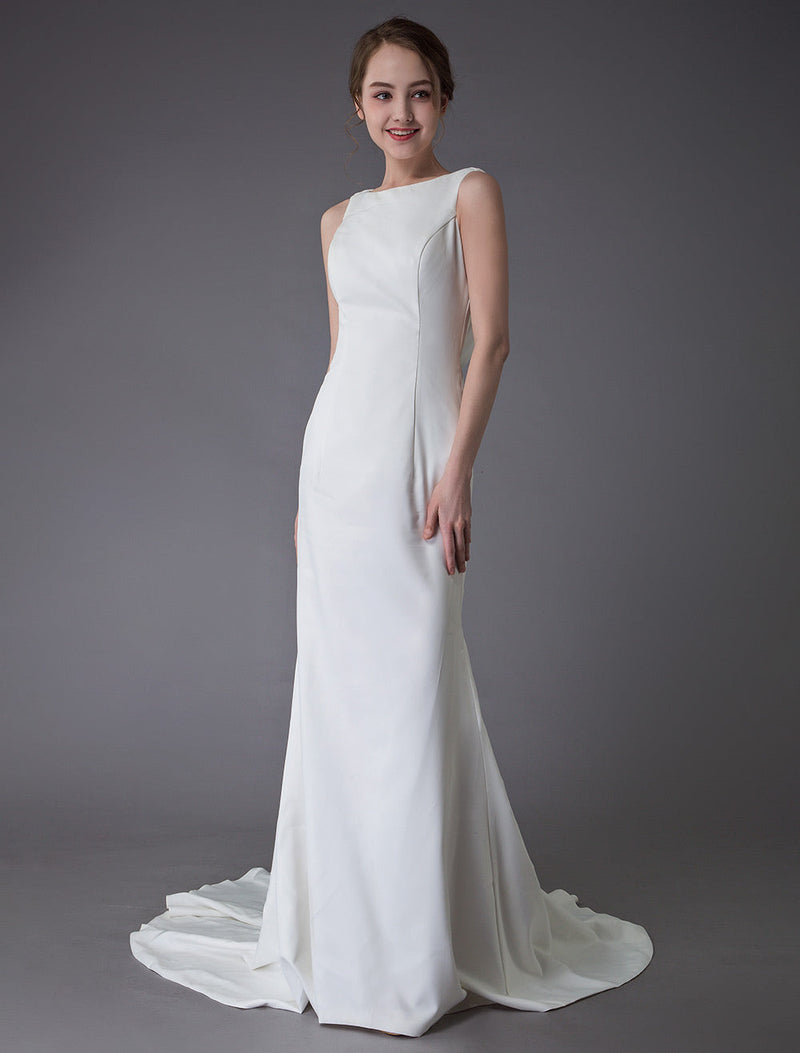 Wedding Dresses Ivory Sheath Simple Bridal Dress Cowl Back Beach Wedding Gowns With Train