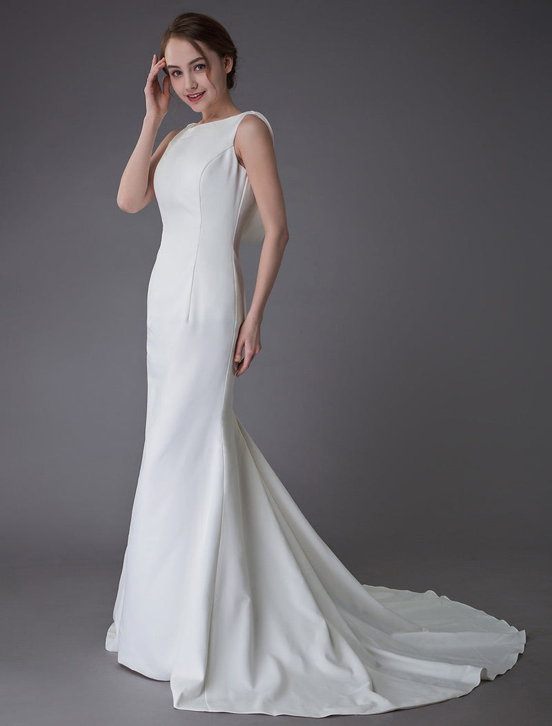 Wedding Dresses Ivory Sheath Simple Bridal Dress Cowl Back Beach Wedding Gowns With Train