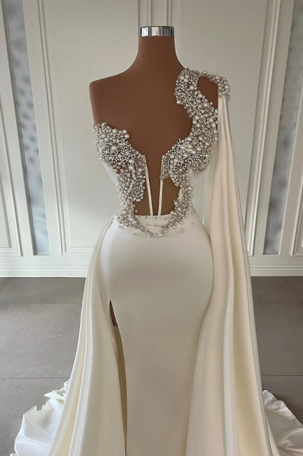 Gorgeous White A-line One Shoulder Graduation Dresses Long Glitter Prom Dresses With Split Online-stylesnuggle