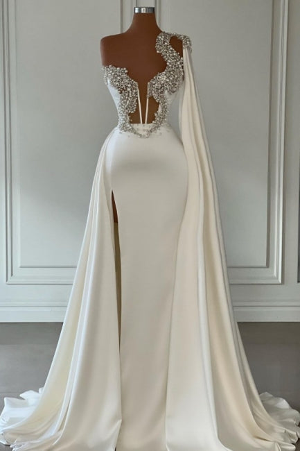 Gorgeous White A-line One Shoulder Graduation Dresses Long Glitter Prom Dresses With Split Online-stylesnuggle