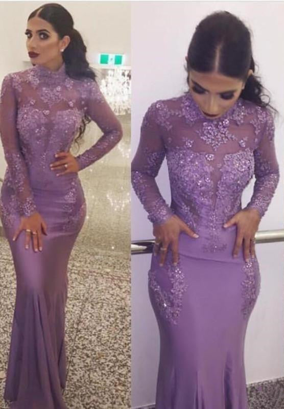 Wanna Prom Dresses in Mermaid style,  and delicate Appliques work? stylesnuggle has all covered on this elegant Gorgeous Wholesale High Neck Elegant Long Sleevess Evening Dresses Fit and Flare Appliques Prom Dresses yet cheap price.