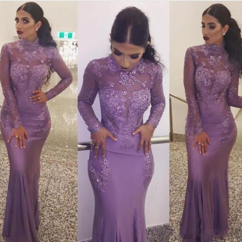 Wanna Prom Dresses in Mermaid style,  and delicate Appliques work? stylesnuggle has all covered on this elegant Gorgeous Wholesale High Neck Elegant Long Sleevess Evening Dresses Fit and Flare Appliques Prom Dresses yet cheap price.