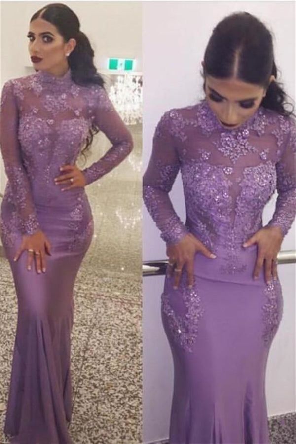 Gorgeous Wholesale High Neck Elegant Long Sleevess Evening Dresses Fit and Flare Appliques Prom Dresses-stylesnuggle