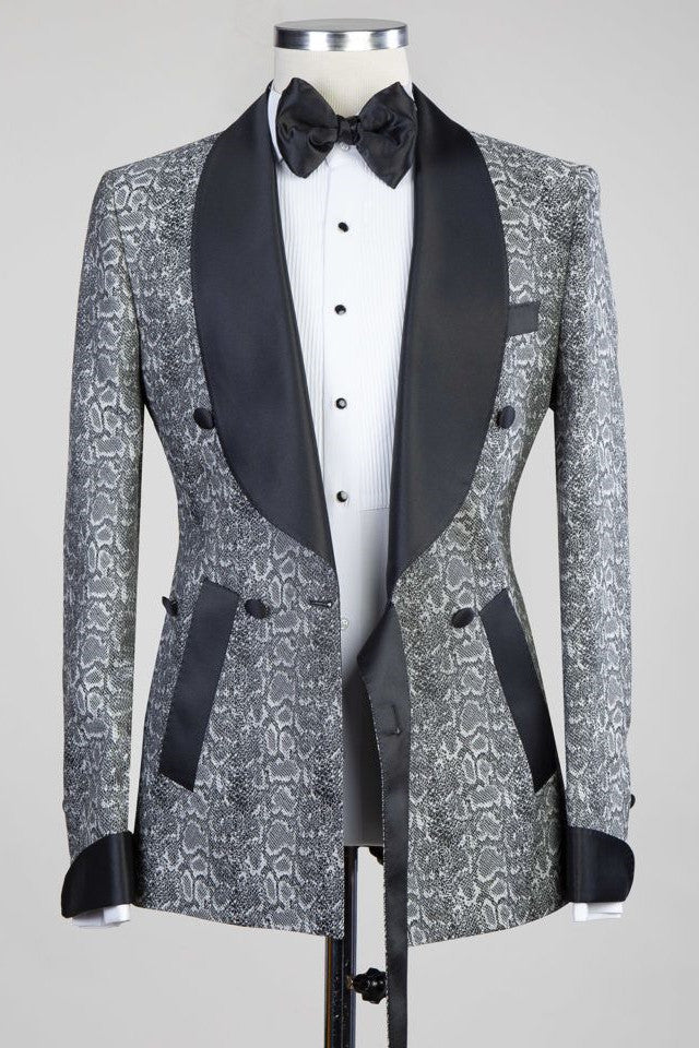 Discover the very best Gray Double Breasted Jacquard Wedding Men Suits with Black Lapel for work,prom and wedding occasions at stylesnuggle. Custom made Gray Shawl Lapel mens suits with high quality.