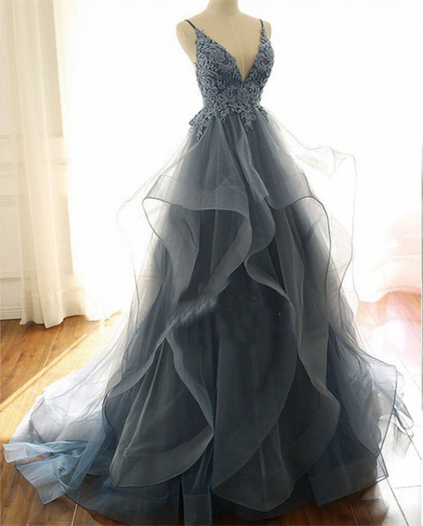 stylesnuggle offers Gray Evening Dresses Tulle V-neck Ruffles Long Spaghetti Lace Beading Prom Party Gowns at a good price from  Organza to A-line Knee-length hem. Gorgeous yet affordable Sleeveless Prom Dresses, Evening Dresses, Quinceanera dresses.