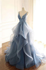 Gray Evening Dresses Tulle V-neck Ruffles Long Spaghetti Lace Beading Prom Party Gowns-stylesnuggle