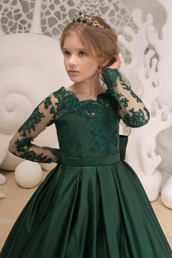 Green Jewel Lace Backless Bowtie Long Sleeves Floor Length Girl Party Flower Girl Dresses-stylesnuggle