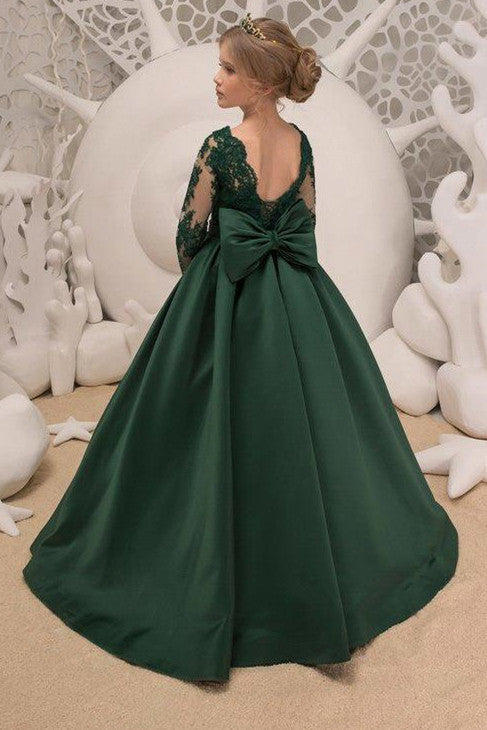 Green Jewel Lace Backless Bowtie Long Sleeves Floor Length Girl Party Flower Girl Dresses-stylesnuggle