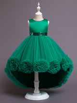 Green flower girl dresses Jewel Neck Sleeveless Bows Tulle Polyester Polyester Cotton Sequined Kids Party Dresses