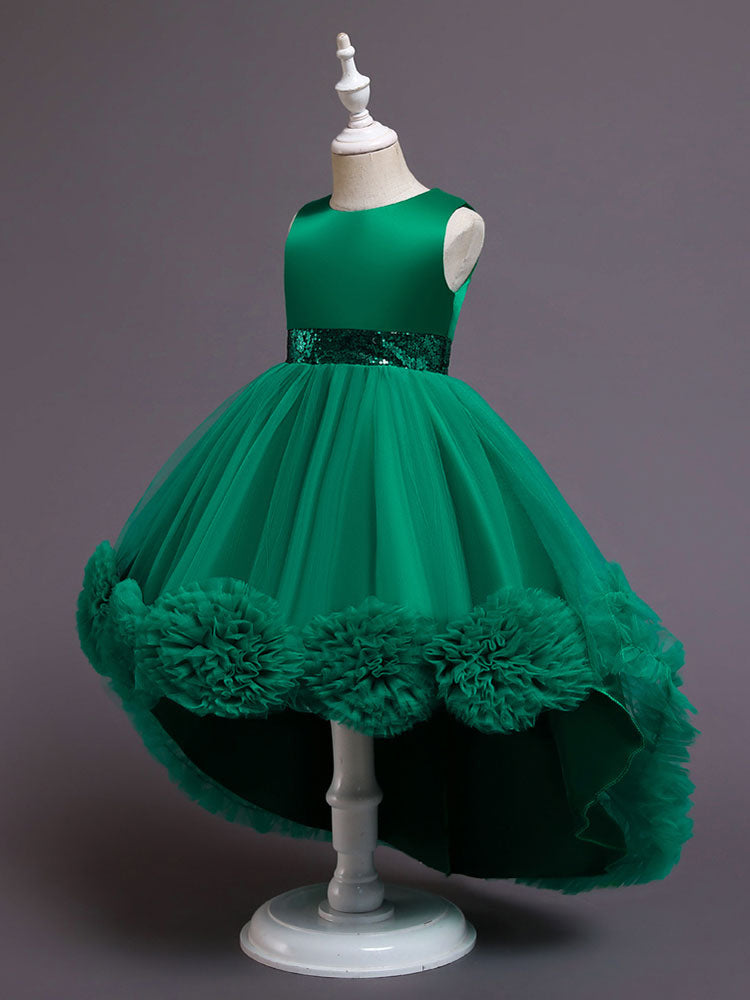 Green flower girl dresses Jewel Neck Sleeveless Bows Tulle Polyester Polyester Cotton Sequined Kids Party Dresses