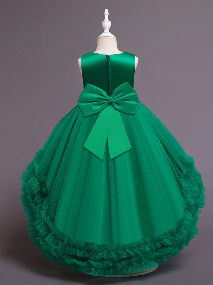 Green flower girl dresses Jewel Neck Sleeveless Bows Tulle Polyester Polyester Cotton Sequined Kids Party Dresses