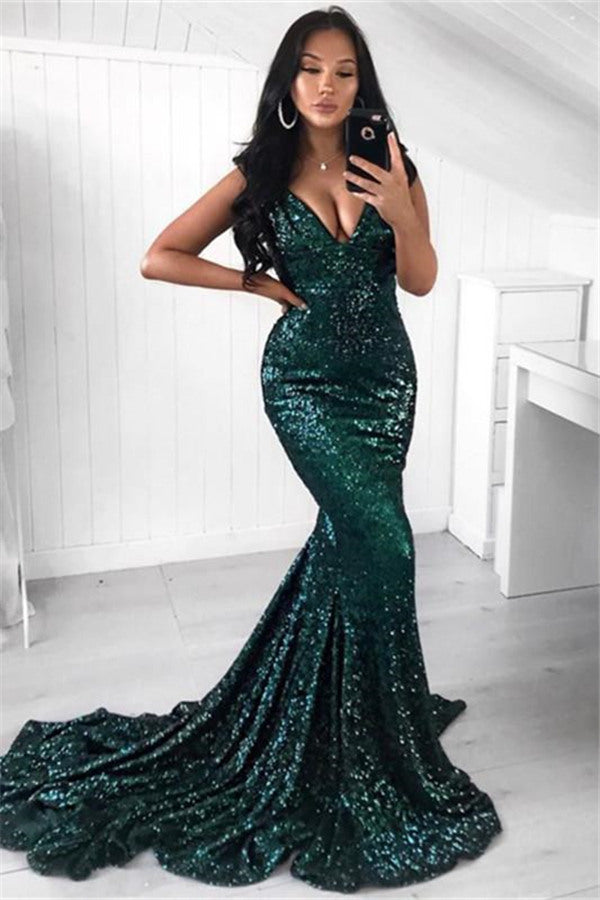 Green Sequins Prom Party Gowns| Mermaid Evening Party Dress-stylesnuggle