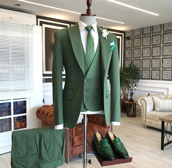 Green Three Piece Slim Fit Peaked Lapel Men's Suits-stylesnuggle