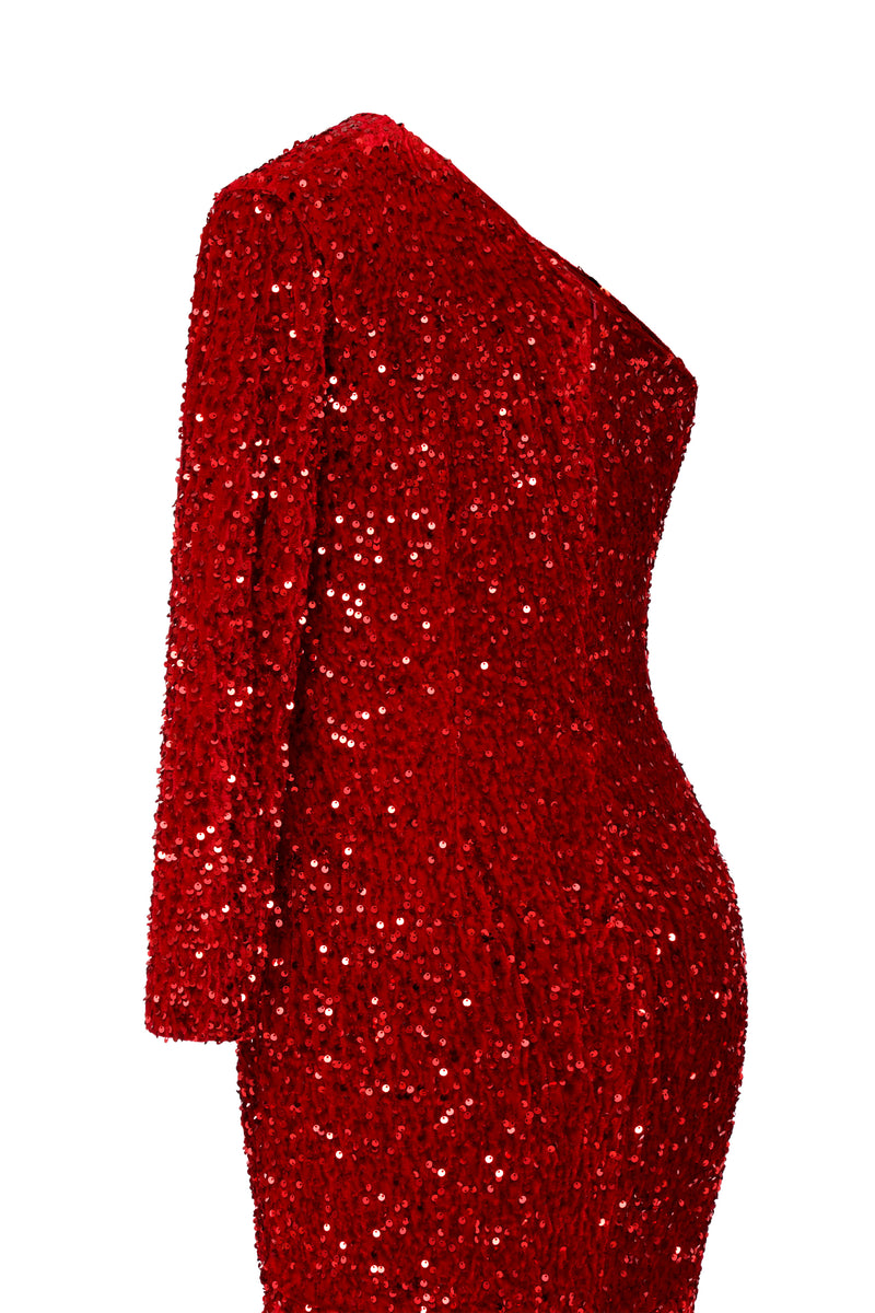 Burgundy Sequin Trumpet Sweep Train Long Sleeve Evening Dress