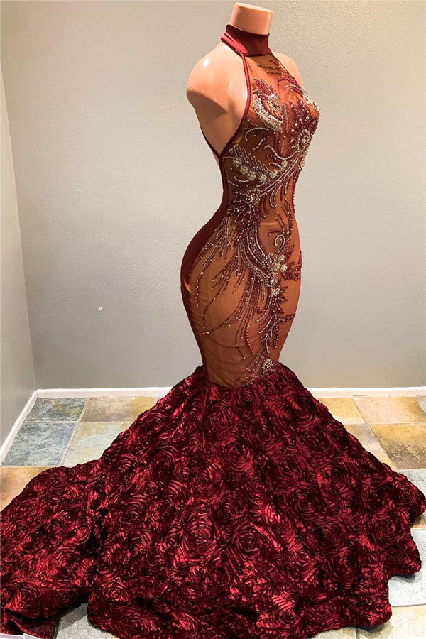 Wanna Prom Dresses, Real Model Series in halter,  Mermaid style,  and delicate sequin work? stylesnuggle has all covered on this elegant Halter Fit and Flare Flowers Maroon Prom Dresses Full Beads Sequins Luxurious Evening Dress.