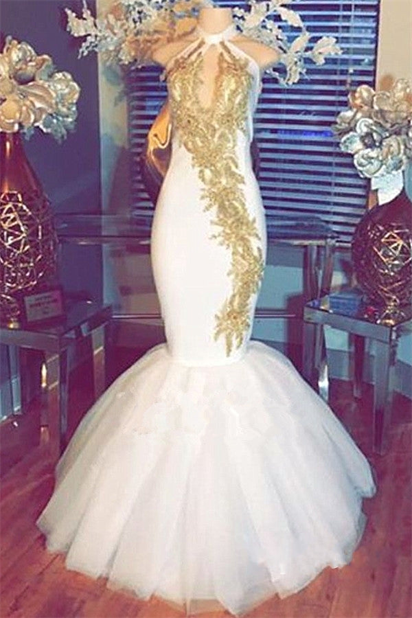 Looking for the best Halter Gold Beads Mermaid Prom Dresses Sleeveless White Evening Gown With Appliques for your prom? stylesnuggle provides you various ranges of gold prom dresses online,  you will never regret order here.