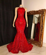 Looking for Prom Dresses, Evening Dresses, Real Model Series in Satin,  Mermaid style,  and Gorgeous Sequined work? stylesnuggle has all covered on this elegant Halter Lace-up Sequins Floor Length Red Mermaid Prom Dresses.