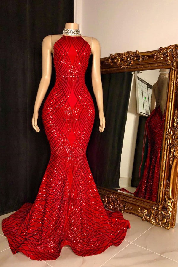 Looking for Prom Dresses, Evening Dresses, Real Model Series in Satin,  Mermaid style,  and Gorgeous Sequined work? stylesnuggle has all covered on this elegant Halter Lace-up Sequins Floor Length Red Mermaid Prom Dresses.