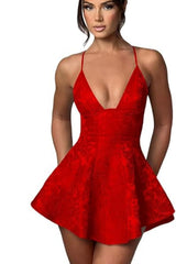 Halter Satin Mini Party Dress Ruffle Jacquard Homecoming Dress with Cross Straps - Prom Dresses