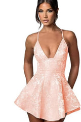 Halter Satin Mini Party Dress Ruffle Jacquard Homecoming Dress with Cross Straps - Prom Dresses