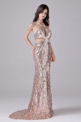 Halter Sleeveless Backless Sequined Floor Length mother's dress-stylesnuggle