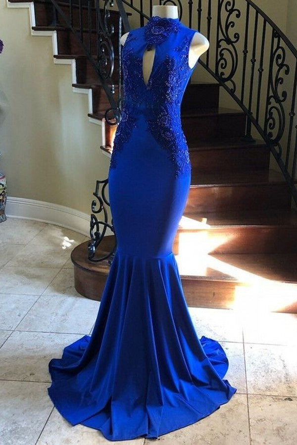 Looking for Prom Dresses, Evening Dresses, Real Model Series in Satin,  style,  and Gorgeous Lace work? stylesnuggle has all covered on this elegant High Neck Keyhole Appliques Sleeveless Mermaid Evening Dresses.