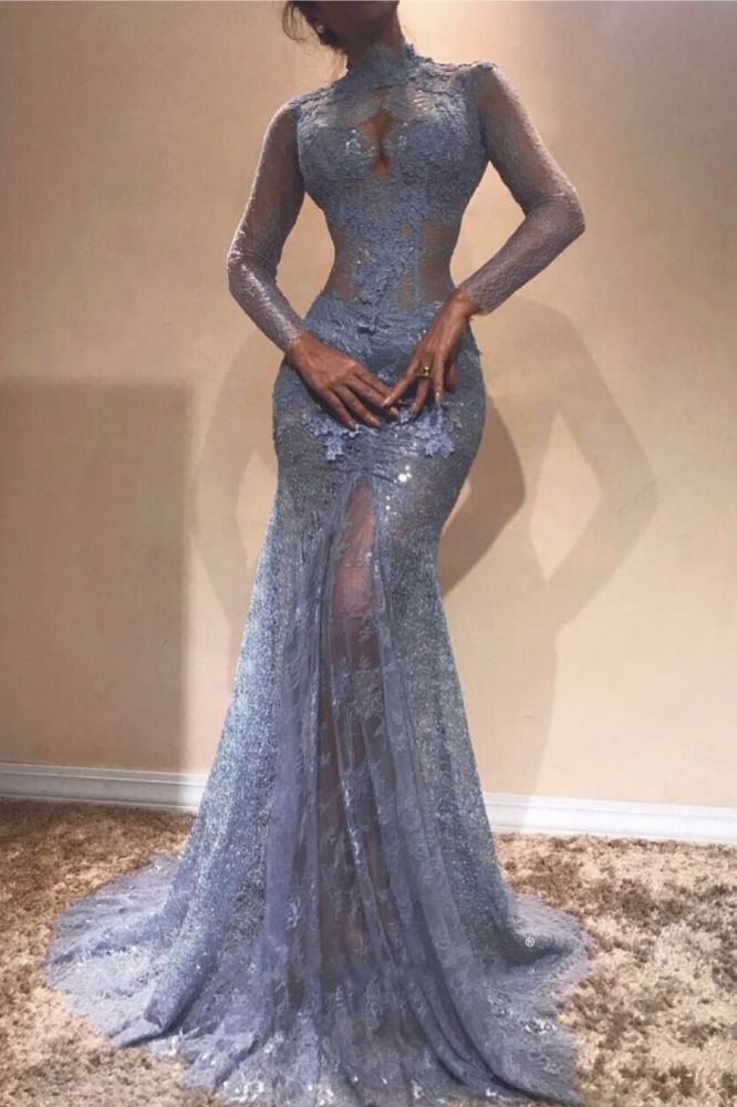 Looking for Prom Dresses, Evening Dresses in Tulle,  Mermaid style,  and Gorgeous Lace, Appliques work? stylesnuggle has all covered on this elegant High Neck Long Sleevess Lace Appliques Mermaid Prom Dresses.