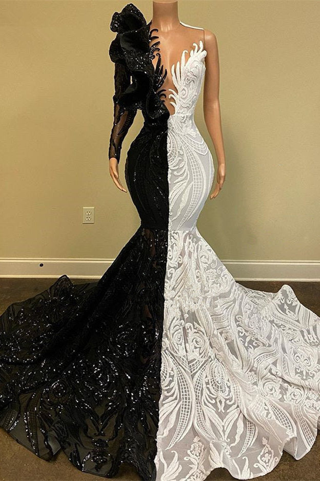 Hot Half Black Half White One shoulder Long Sleeves Mermaid Prom Dresses-stylesnuggle