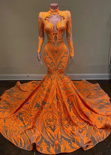 Hot Orange High neck Long Sleeves Mermaid Sequin Prom Dresses-stylesnuggle