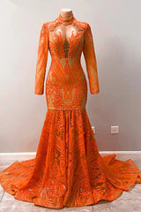 Hot Orange High neck Long Sleeves Mermaid Sequin Prom Dresses-stylesnuggle