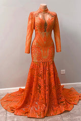 Hot Orange High neck Long Sleeves Mermaid Sequin Prom Dresses-stylesnuggle