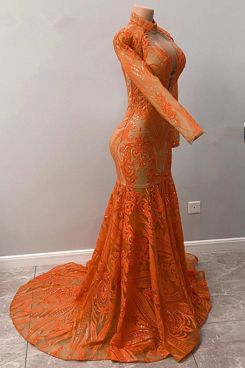 Hot Orange High neck Long Sleeves Mermaid Sequin Prom Dresses-stylesnuggle