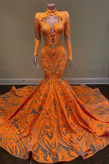 Hot Orange High neck Long Sleeves Mermaid Sequin Prom Dresses-stylesnuggle