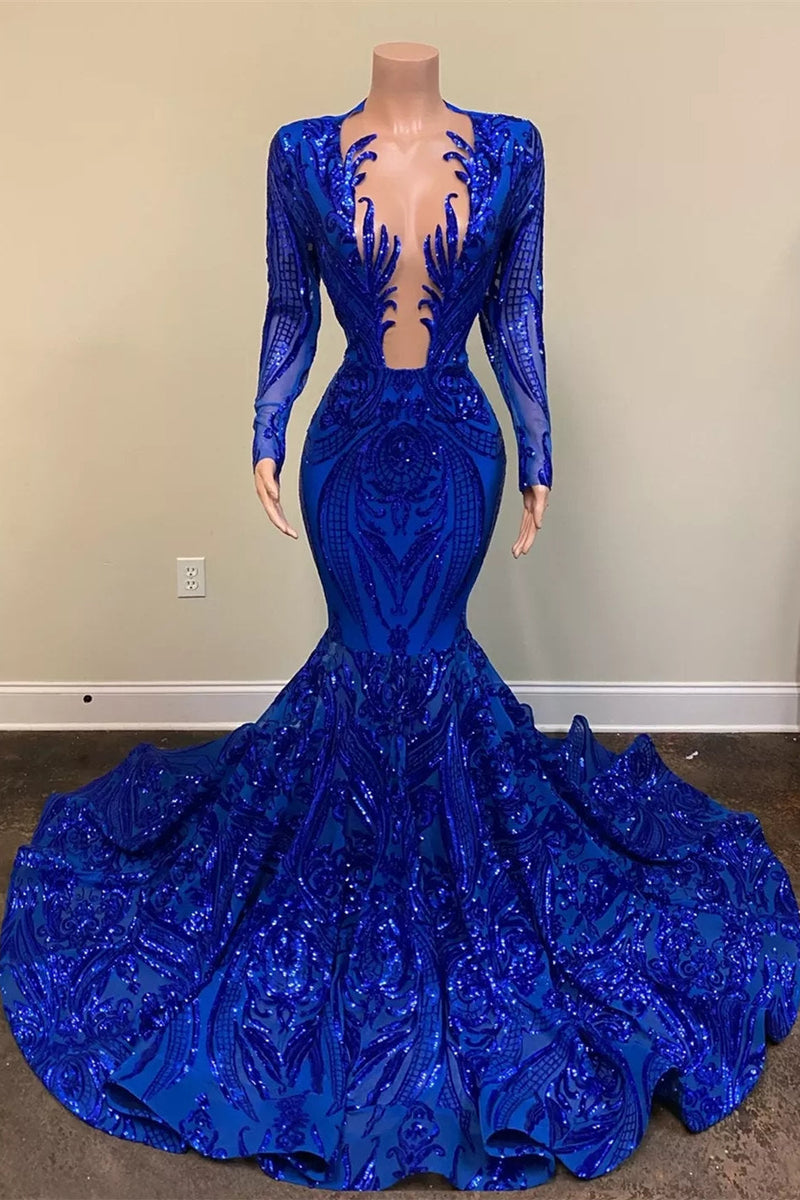 Hot Sparkle Royal Blue Sequin Long sleeves Mermaid Prom Dresses-stylesnuggle