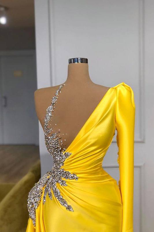 Illusion neck Bright Yellow One shoulder Bubble Sleeves Prom Dress-stylesnuggle