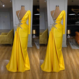 Illusion neck Bright Yellow One shoulder Bubble Sleeves Prom Dress-stylesnuggle