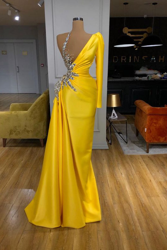 Illusion neck Bright Yellow One shoulder Bubble Sleeves Prom Dress-stylesnuggle