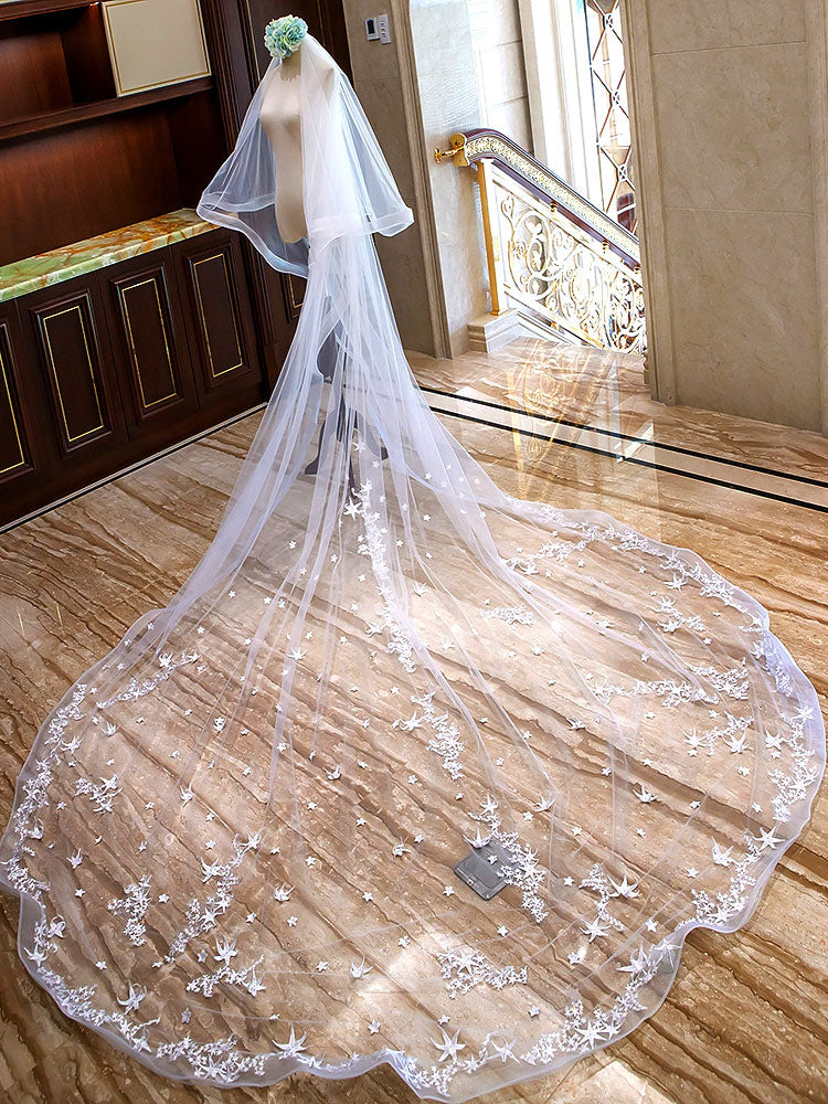 Ivory Cathedral Waterfall Lace Applique 2 Tier Long Wedding Veils-stylesnuggle